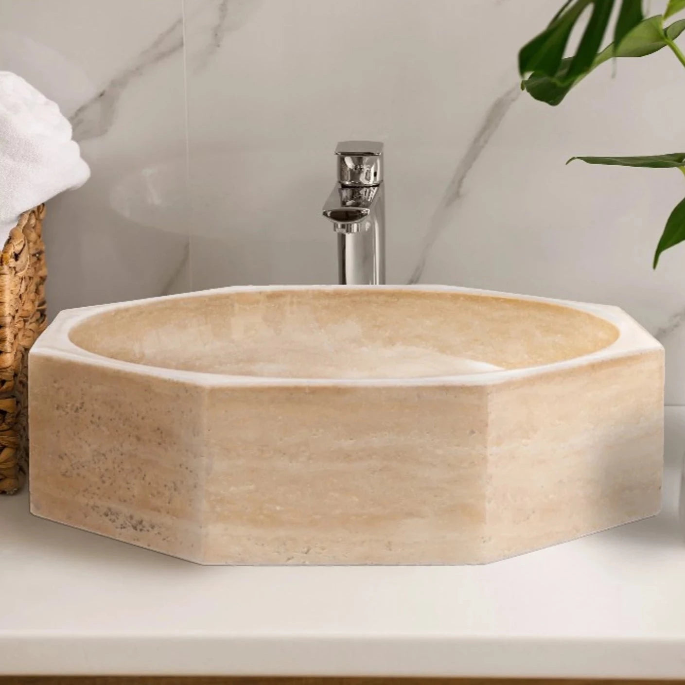 Light Beige Travertine Octagon Above Vanity Bathroom Vessel Sink Polished