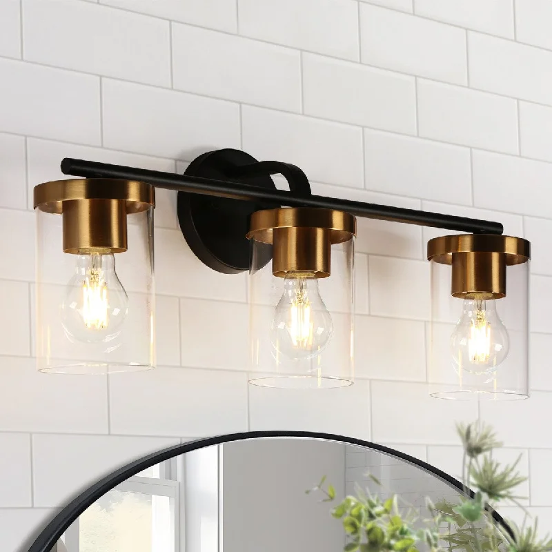 Modern 3-Light Black Gold Wall Sconces Cylinder Clear Glass Vanity Light for Bathroom - 23.6" L x 6.3" W x 9.4" H