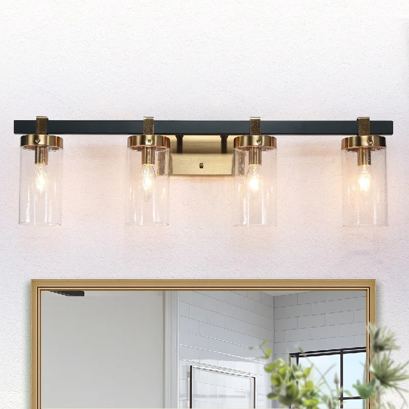 Modern 4-Light Gold and Black Bathroom Vanity Lighting with Clear Glass Shades - 28" L x 5" W x 8.5" H