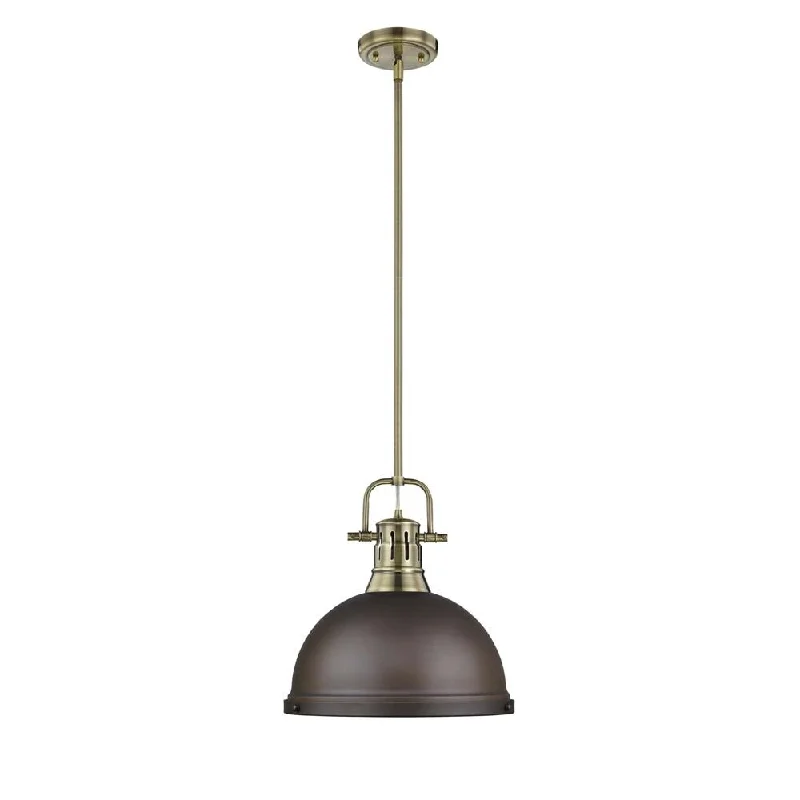 Golden Lighting Duncan 1-light Pendant with Rod in Aged Brass with a Rubbed Bronze Shade