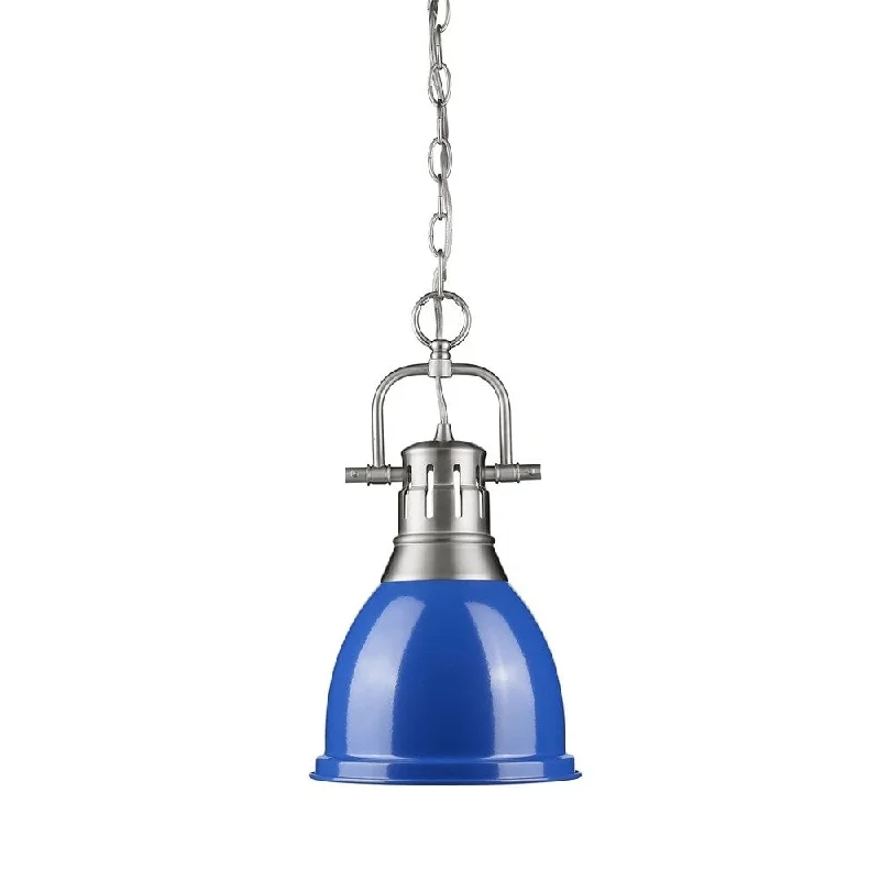 Golden Lighting Duncan Small Pendant Lamp with Chain in Pewter with Blue Metal Shade