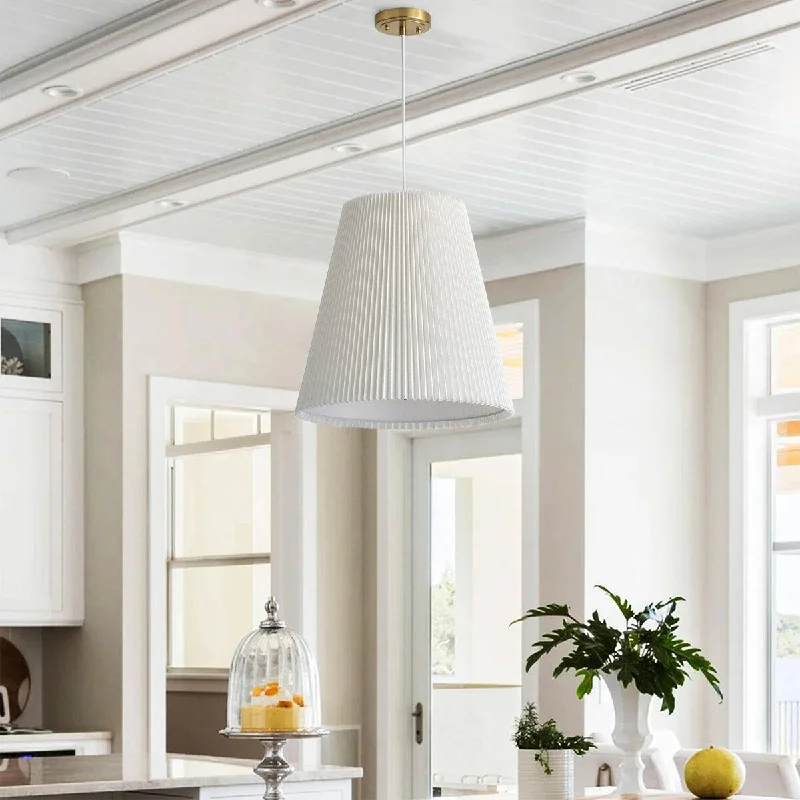 Matte Brass Pendant Lighting with Off-White Pleated Fabric Shade