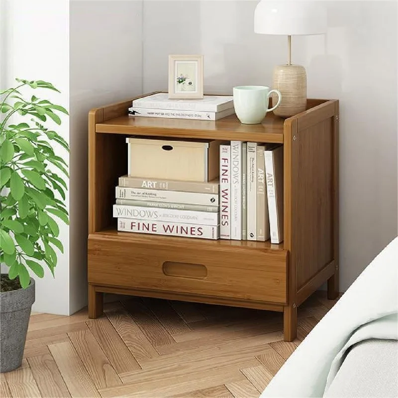 1 Drawer Bamboo Small Nightstand, Walnut Bedroom Bedside Table with Open Storage Modern Night Stand Side End Table Organize