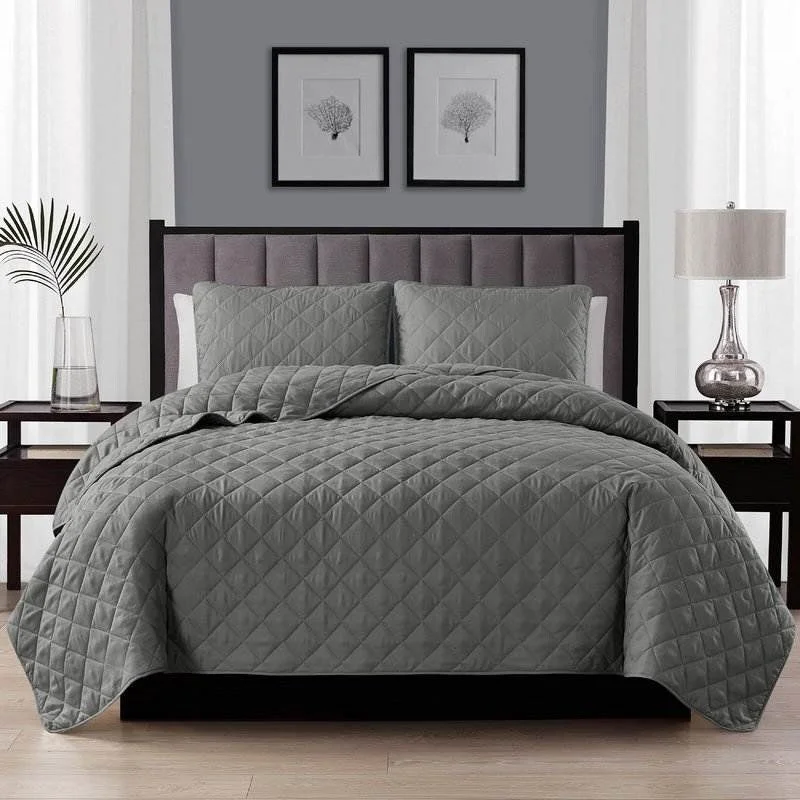 2-Piece Dark Grey Polyester Microfiber Diamond Quilt Set