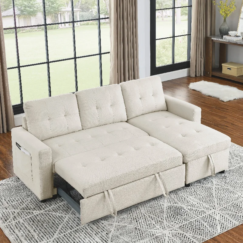 Beige Reversible Sectional Sofa Couch, Pull Out Couch Sleeper Sofa Bed wStorage Chaise&Side Storage Bag L-Shaped Chaises Longues