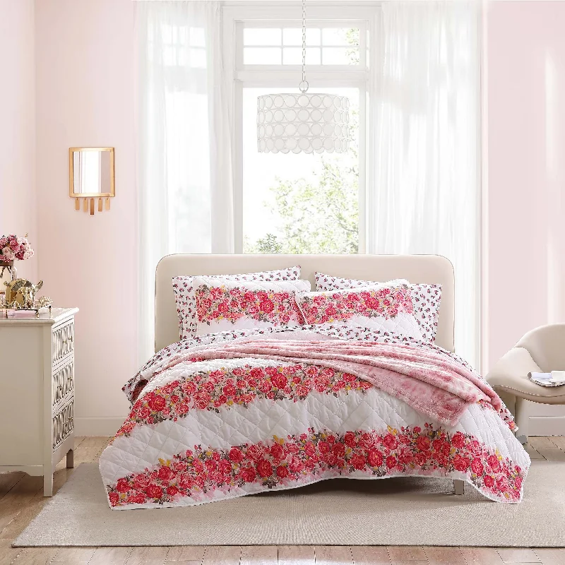 Betsey Johnson Banded Floral Pink Reversible Quilt Set