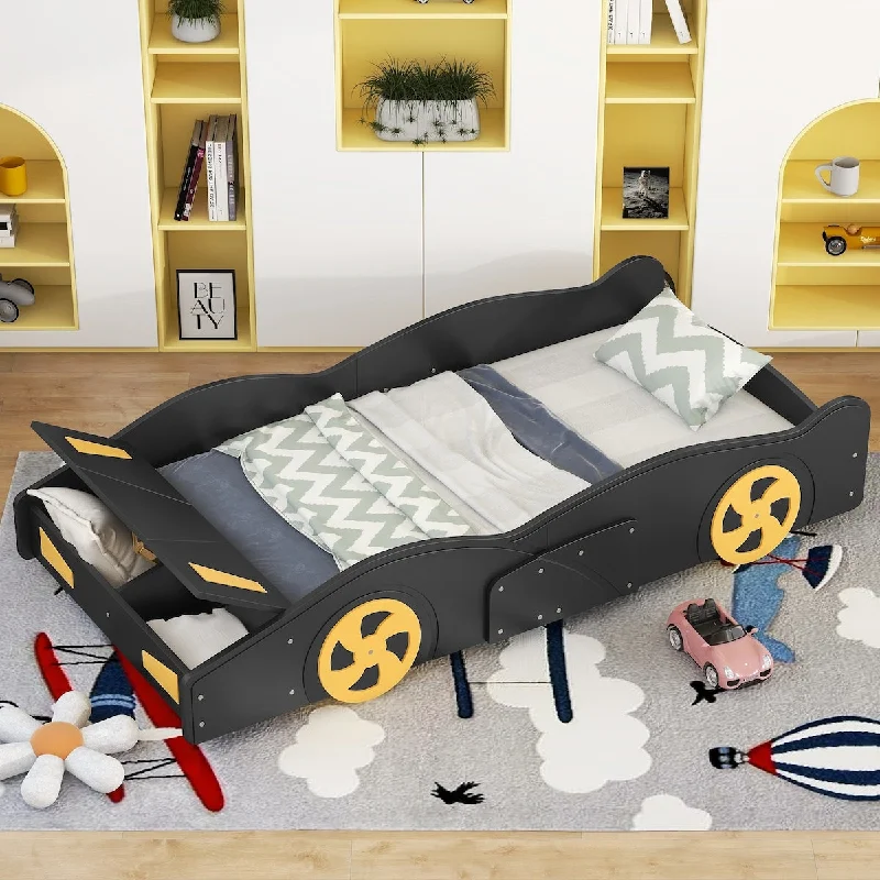 Black Twin Size Race Car-Shaped Platform Bed with Wheels and Storage