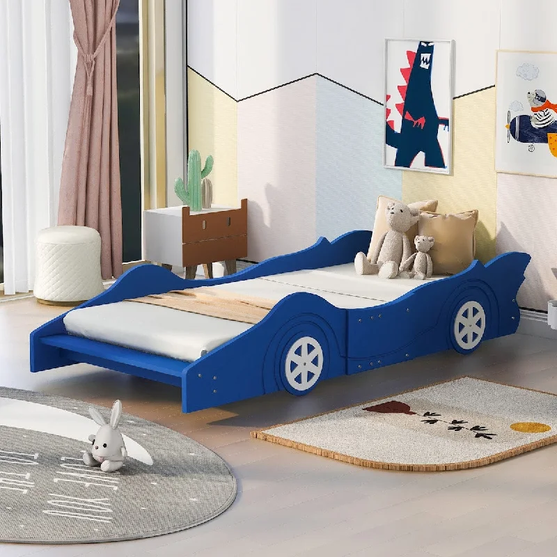 Blue Race Car Twin Size Platform Bed with Safety Rails