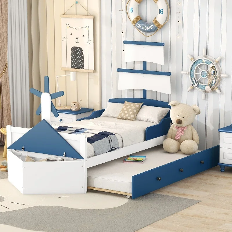 Blue Twin Size Pine Wood Boat-Shaped Platform Bed with Trundle and Storage, Sturdy Slats and Rails