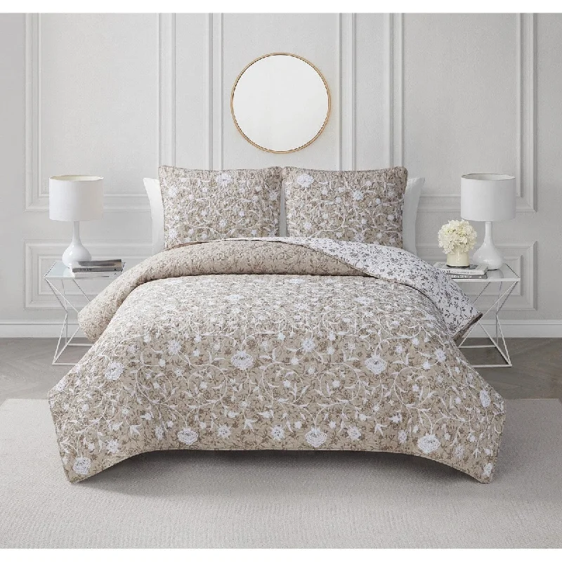 CEDAR COURT Kendall Vine Leaf Embroidery Taupe Neutral All-Season Reversible Soft Microfiber Quilt Set