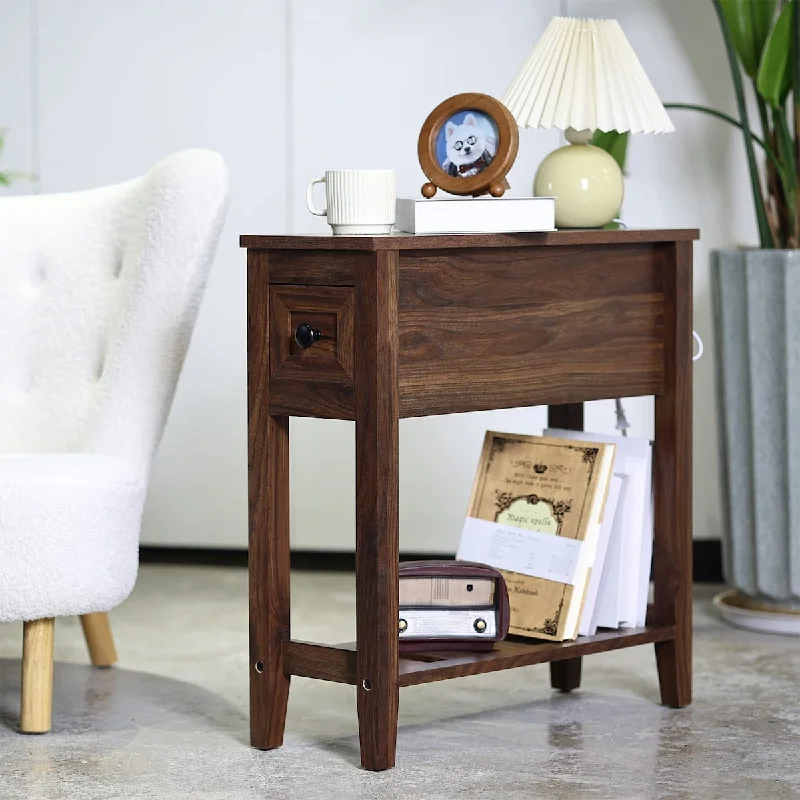 Chairside Narrow End Table, Solid Wood Recliner Side Table with Drawer, Slim Nightstand Bedside Table for Living Room Bedroom