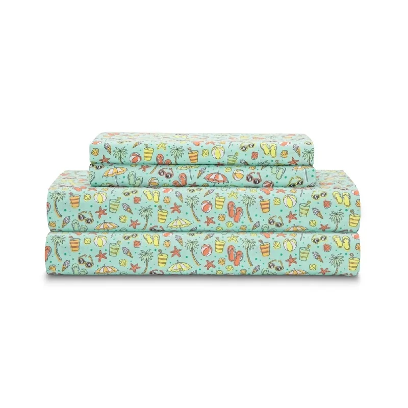 Coastal Summertime Fun Aqua Microfiber Print Bed Sheet Set