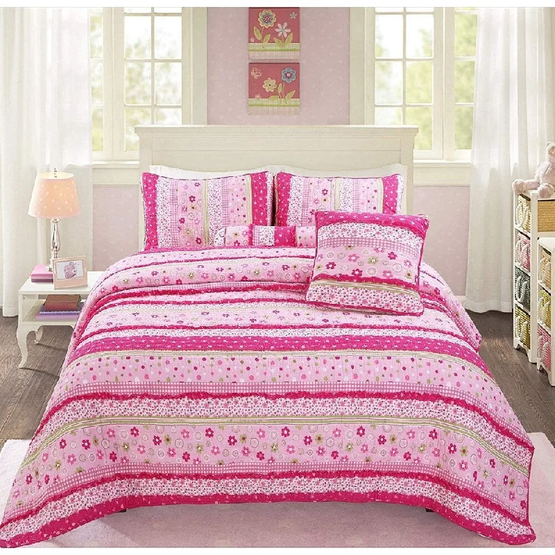 Cozy Line Silvia Pink Polka Dot Lace Reversible Cotton Quilt Set - Pink/Green/White