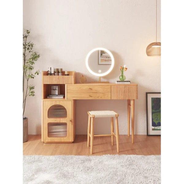 Elin Vanity dressing table design wood with LED mirror with stool, Vanity Desk, Makeup Vanity Table with Mirror, Dressing Table with 3 Drawers, Modern Wood Bedroom Vanity Vintage Dressing Table for Women Girls