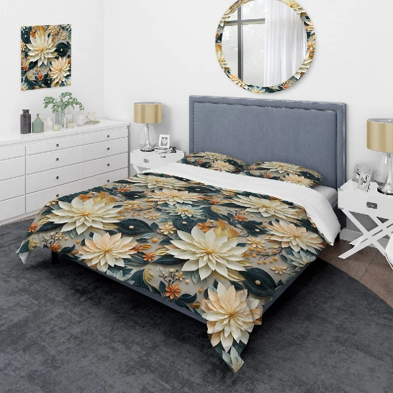 Designart "Attaining Stillness Of Mind Floral Gardens" Teal Cottage Bedding Cover Set With 2 Shams