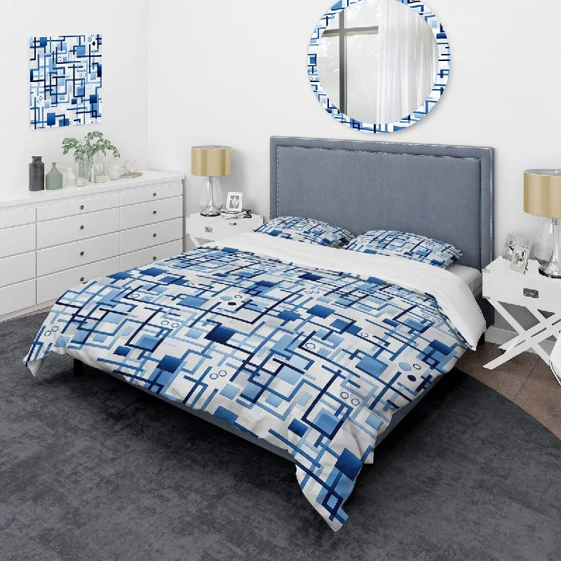 Designart "Blue Geometric Matrix Fantasy" White Modern Bed Cover Set With 2 Shams