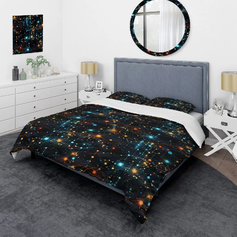 Designart "Blue Quantum Matrix Vision Geometric I" Black Modern Bed Cover Set With 2 Shams