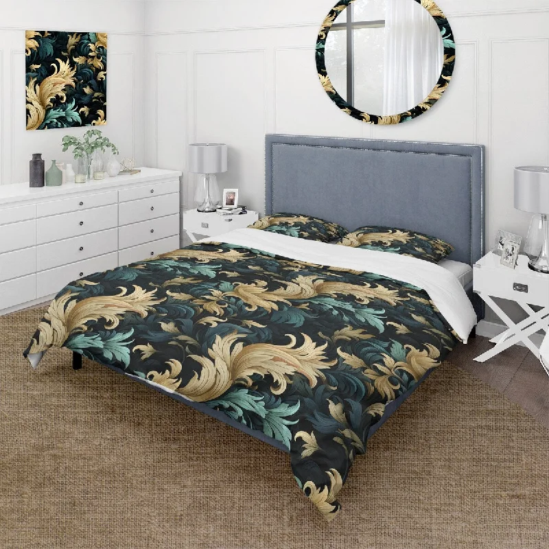 Designart "Damask Black And Golden Calligraphy Flourishes I" Damask bedding covert set with 2 shams