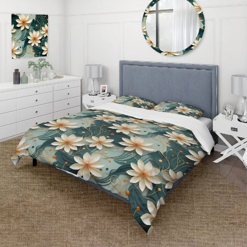 Designart "Graceful Floral Essence Of Zen I" Green Cottage Bedding Cover Set With 2 Shams