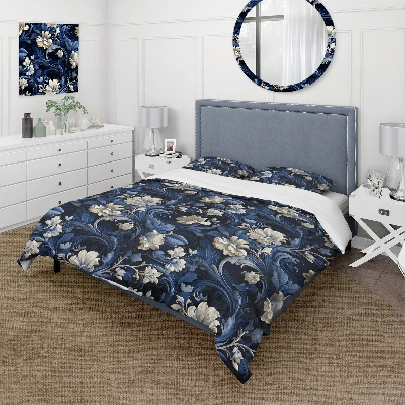 Designart "Majestic Cobalt Scrolls Victorian Pattern" Cottage Bed Cover Set With 2 Shams