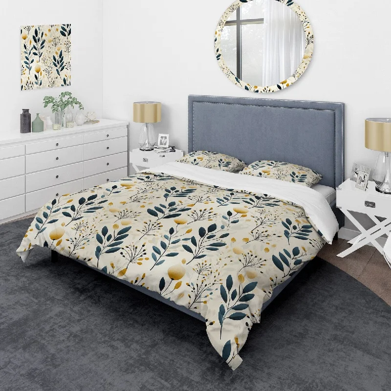 Designart "Modern Teal And Yellow Minimalist Floral Botanics" Yellow Cottage Bedding Cover Set With 2 Shams