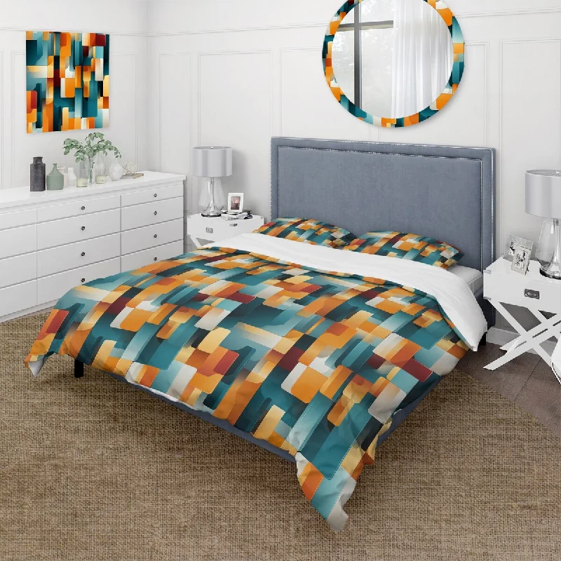 Designart "Orange And Teal Popart Pop Culture Pixels" Teal Modern Bed Cover Set With 2 Shams