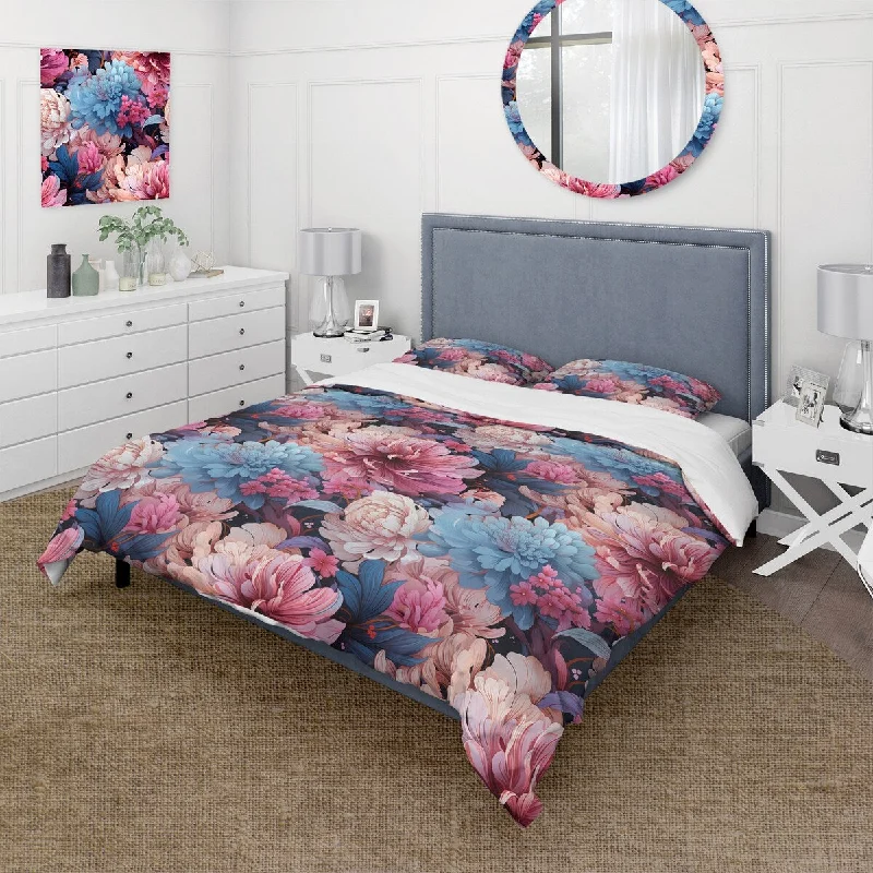 Designart "Purple And Pink Flowers Bloom" Pink cottage bedding set with shams