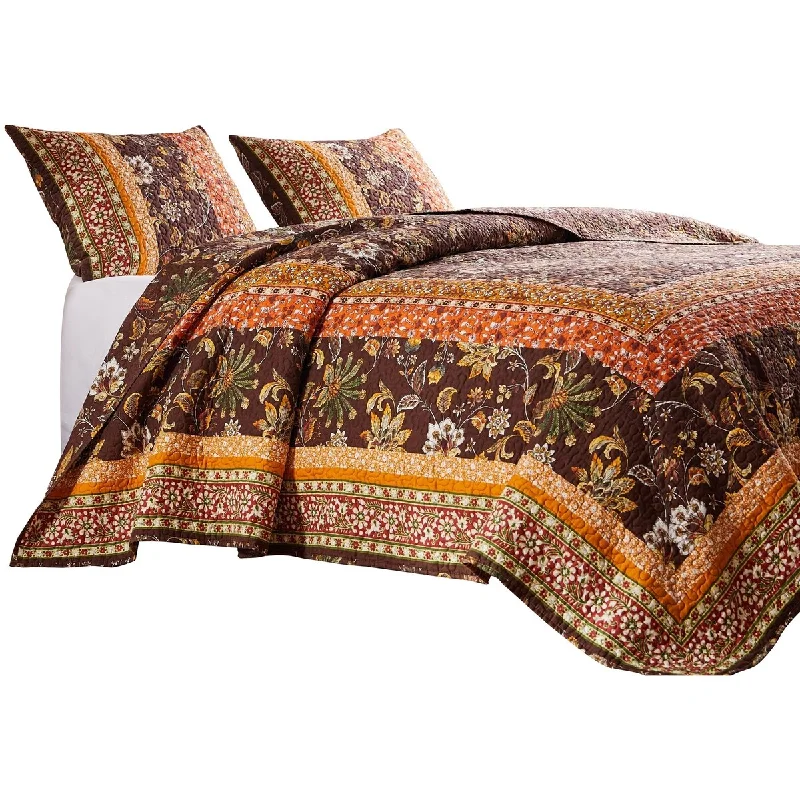 Dill 3 Piece Full Quilt Set, Bohemian, Jacobean Floral Print, Brown, Orange