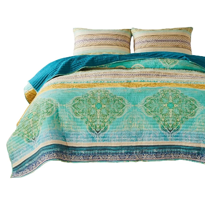 Dora 2 Piece Bohemian Twin Quilt Set, Medallion, Paisley, Blue, Green