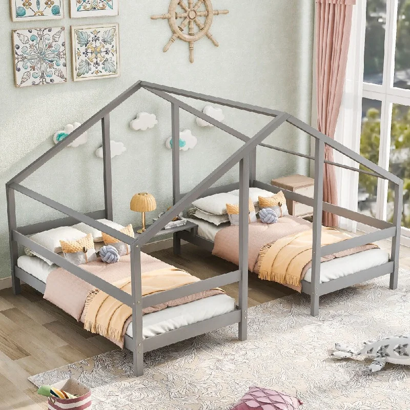 Double Twin Size Triangular House Beds with Built-in Table