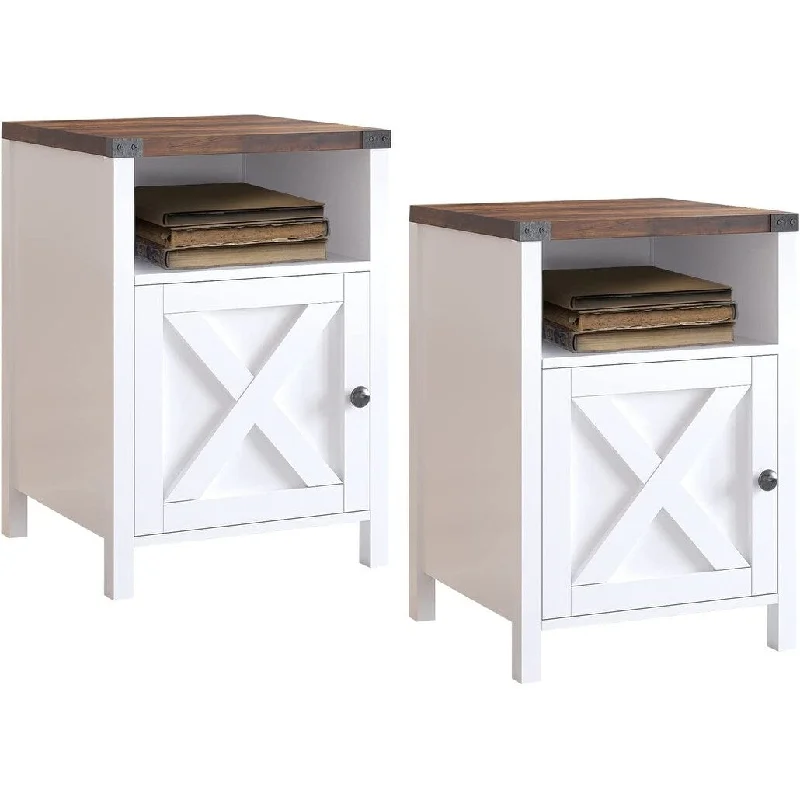 Farmhouse Nightstands Set of 2, Industrial End Table with Barn Door and Shelf, Modern Bedside Table with Storage Space,