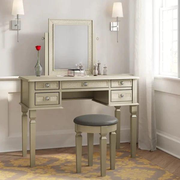 Tomasz Vanity dressing table with mirror with stool Stylish Corner Makeup Vanity Table, with Mirror and 5 Spacious Drawers, Bedroom Essential Dressing, Modern Minimalist Writing Desk for Girls