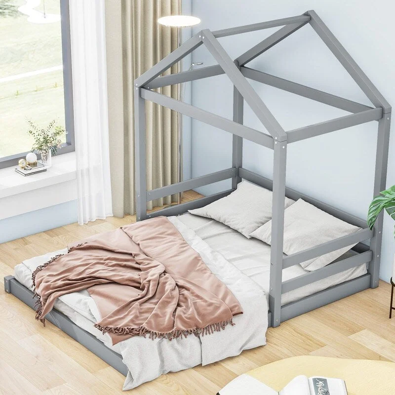 Full Size House Kid Bed,Full Platform Bed Frame with Guardrail For Kids