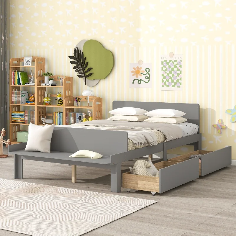 Full Size Kid Bed,Solid Wood Platform Bed with Footboard Bench and Storage Drawers,Grey