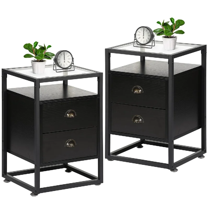 Glass Top Nightstands Metal Frame,Set of 2 for Living Room,Bedroom,Lounge,Vintage Black, End Table with 2 Drawers