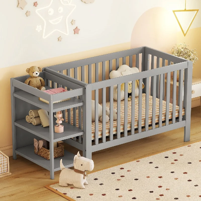 Gray Convertible Crib/Full Size Bed with Changing Table