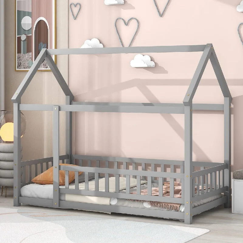 Gray Pine Wood House Frame Floor Bed with Fence Design