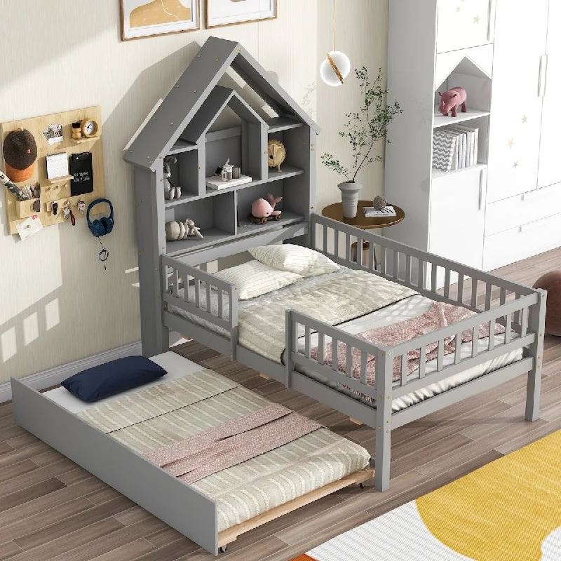 Gray Pine Wood Twin Size House-Shaped Bed with Trundle and Storage Headboard