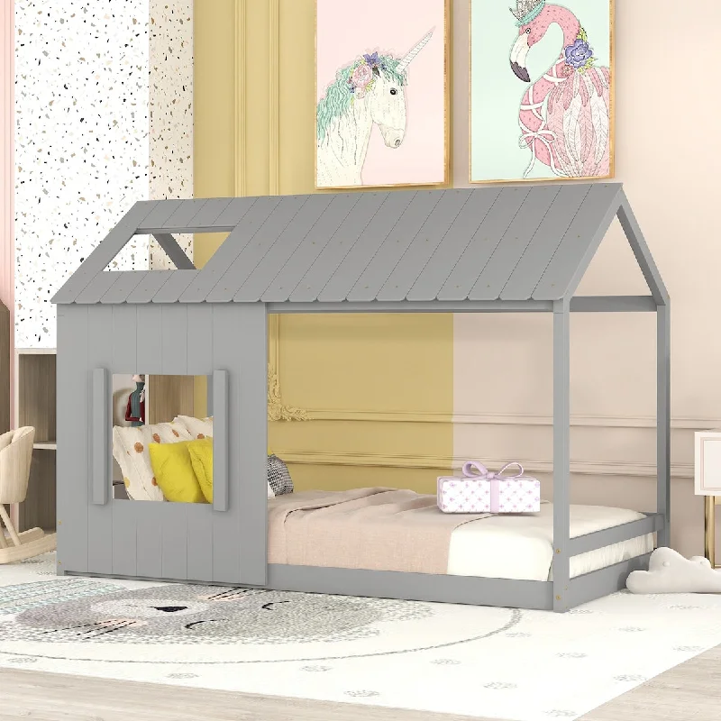 Gray Twin Size House Bed with Roof and Window