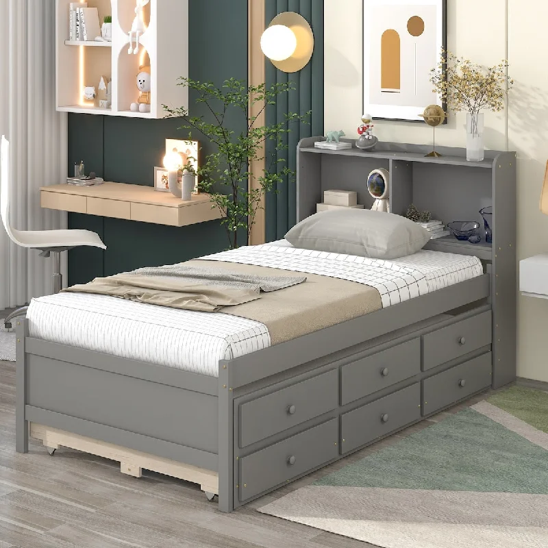 Grey Platform Bed with Bookcase, Twin Trundle, Drawers