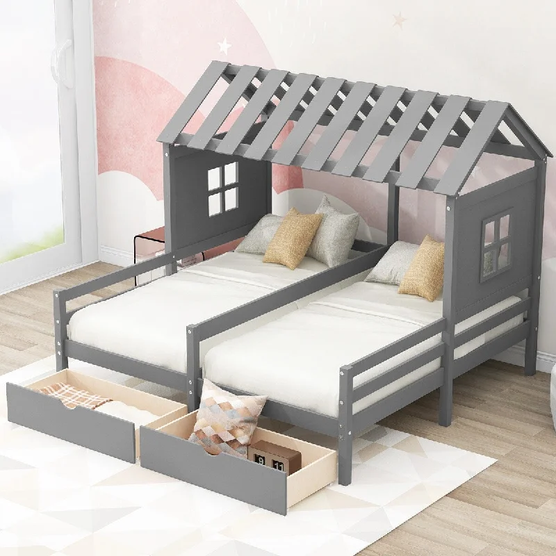 Grey Twin Size House Platform Beds with Two Drawers