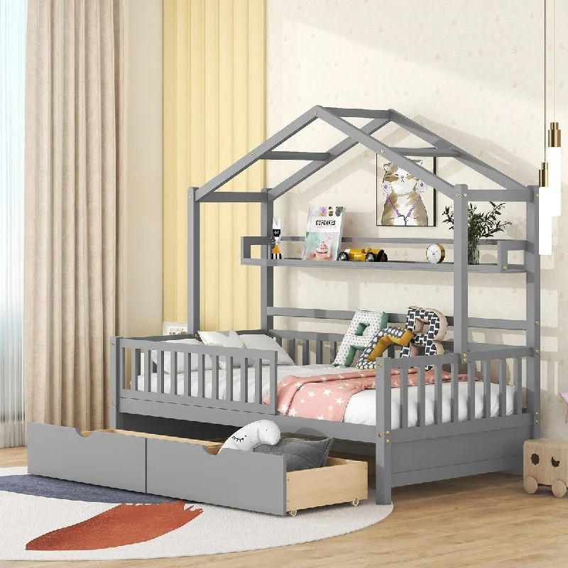 Grey Twin Size Wooden Kids House Bed with 2 Drawers and Storage Shelf