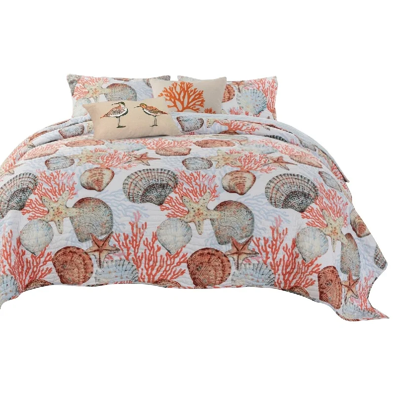 Gul 4 Piece Soft Microfiber Twin Quilt Set, Coral Shell Print, Multicolor