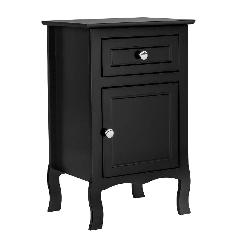 inch Country Style Nightstand with Drawer, MDF Spray Paint Curved Foot 1 Drawer 1 Door Night Table Bedside Table, Black