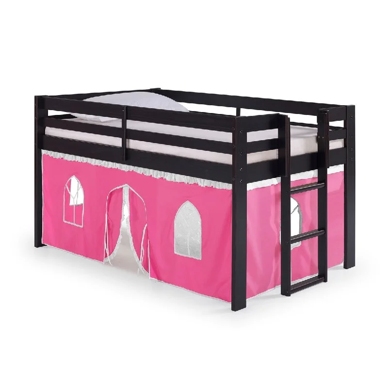 Junior Loft Bed, Espresso Frame and Pink/White Bottom Playhouse Tent