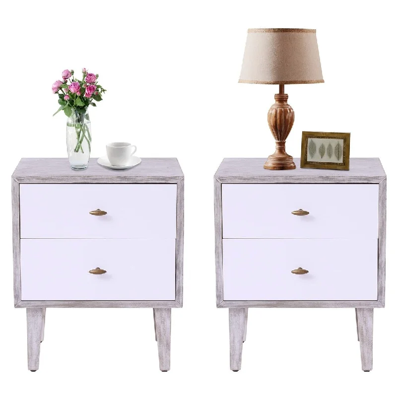 kinbor Modern Nightstand Set of 2, Side End Table Bedside Tables with 2 Storage Drawers and Solid Wood Legs, Night Stands