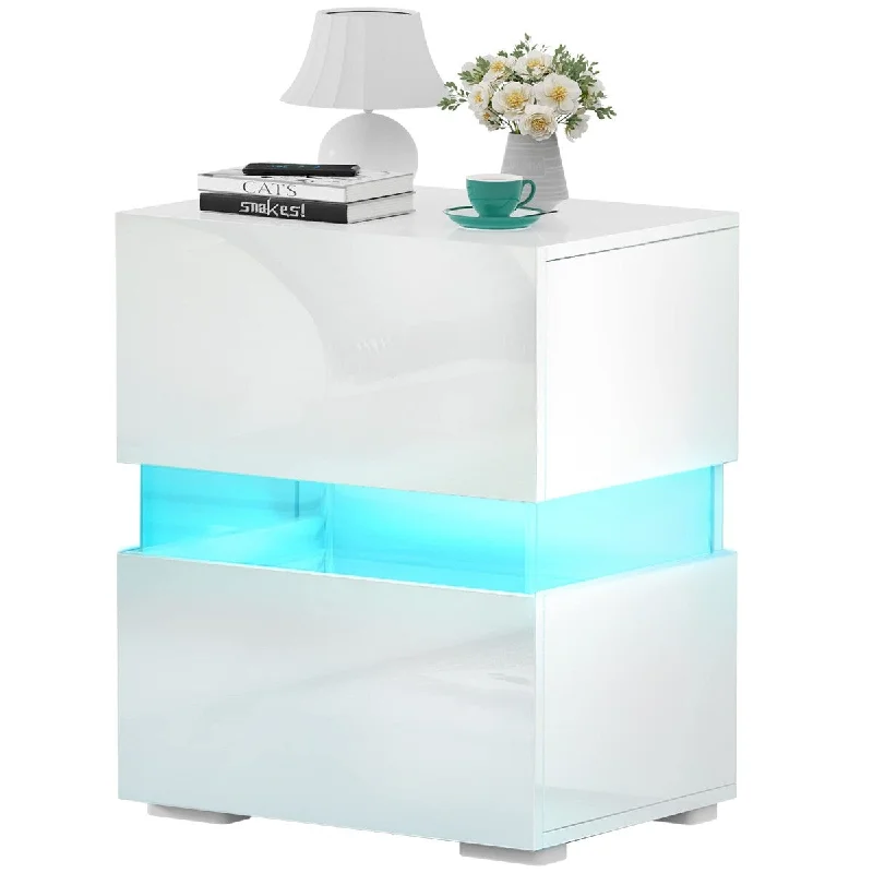 LED Nightstand, 23.7''H Night Stand with High Gloss Drawers, Bed Side Table with LED Lights & Remote, Tall Modern Nightstand