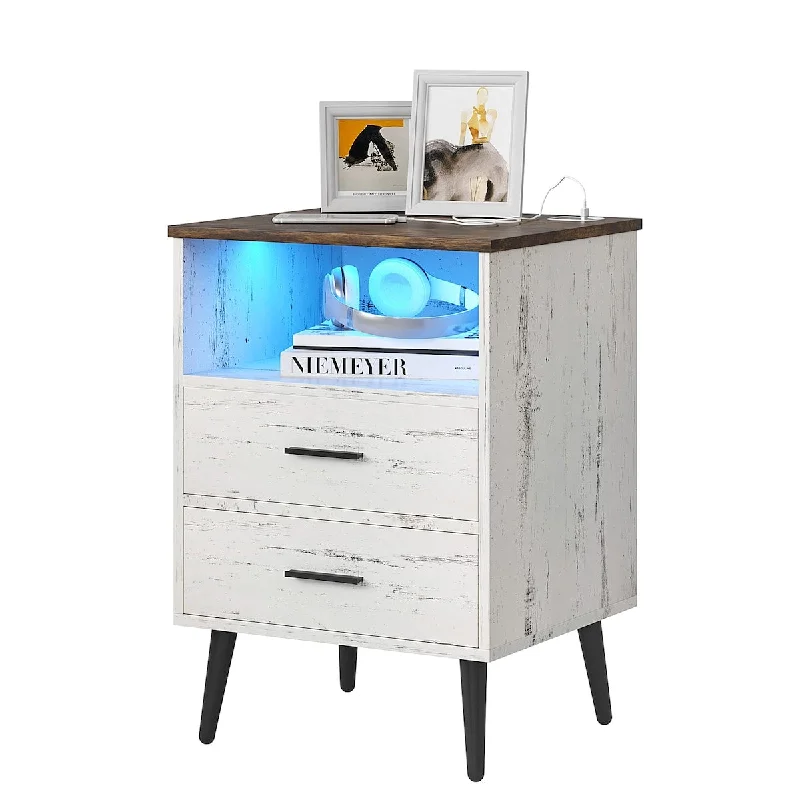 LED Nightstand Dimmable with Charging Station and Human Body Sensor for Bedroom Furniture, Modern Bedside Table