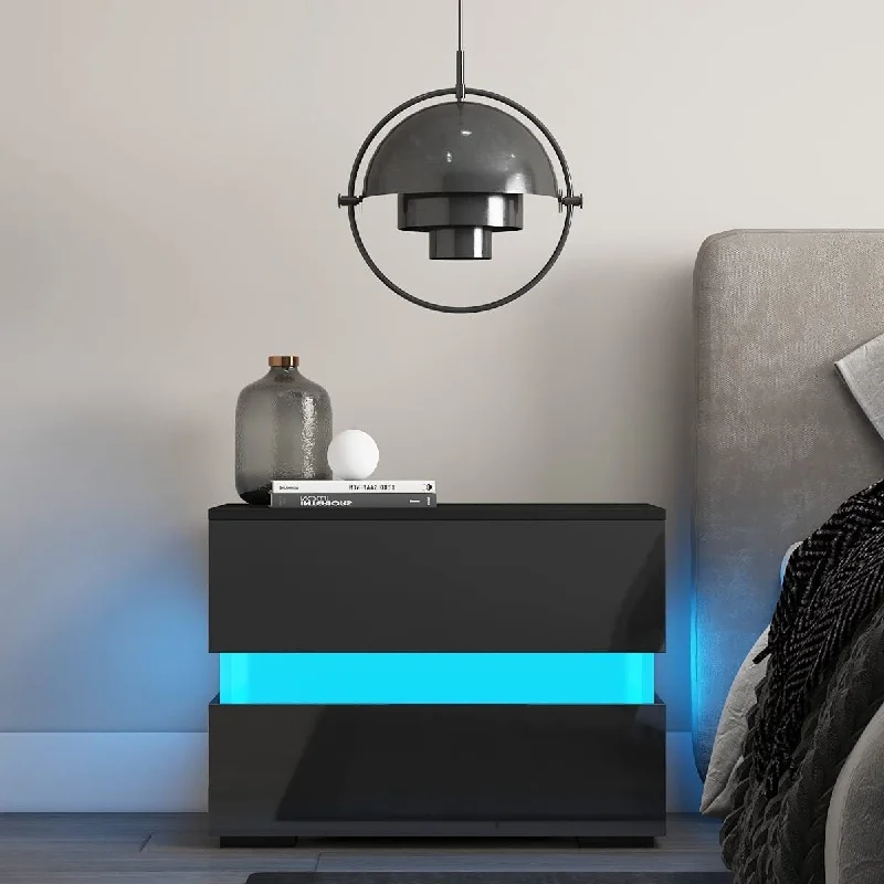 LED Nightstand, Modern Design End Table Nightstand Stand Storage Shelf Bedside Side Table Bedside Furniture Black