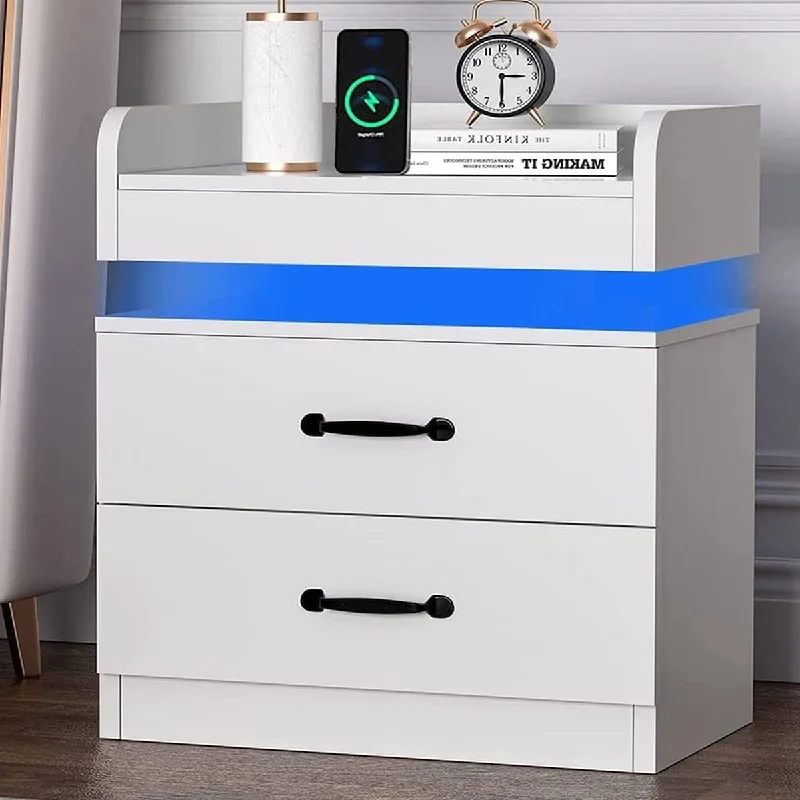 LED Nightstand, White Night Stand with Charging Station and LED Lights, Modern Bedside Table with 2 Drawers